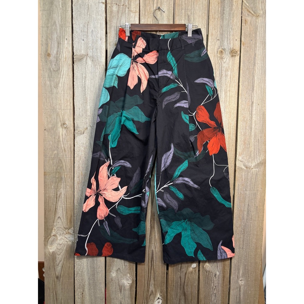 THE‎ KIT. Floral Wide Leg Pants Black Teal Orange Organic Cotton Stretch Size 8